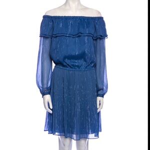 Michael Kors on or off shoulder ruffle blue dress with metallic thread detail